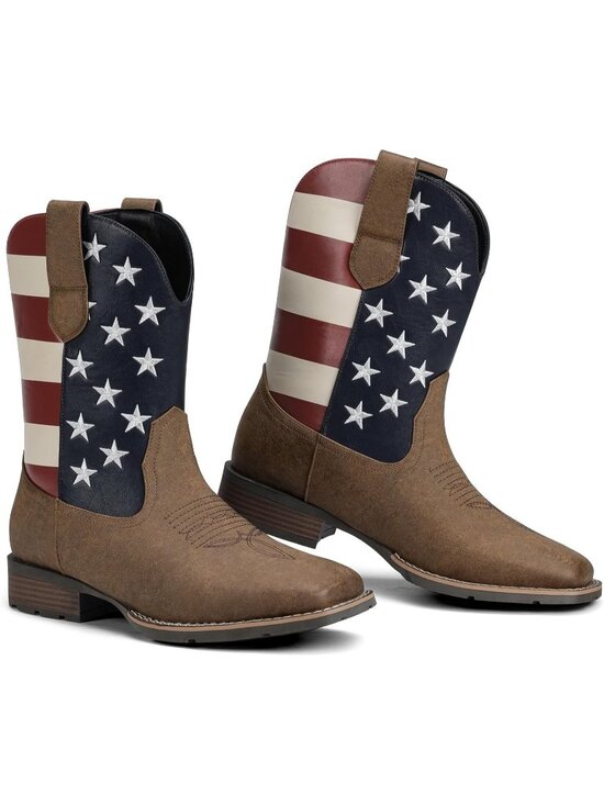 Men\'s Flag Brown Faux Leather Slip on Square Toe with Classic Embroidered Boots main image 4